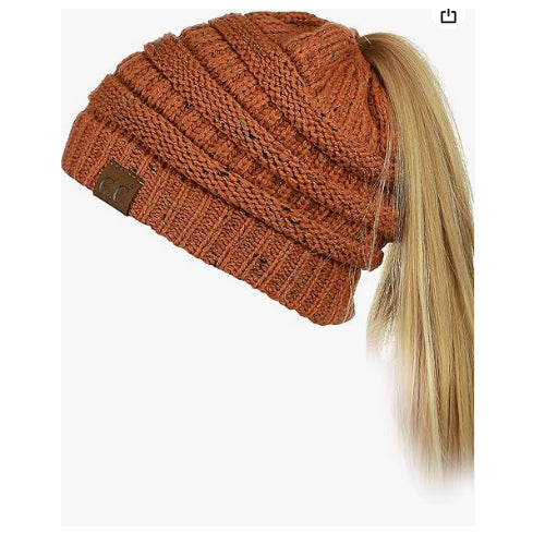 C.C Bean Women's Messy Bun Beanie Tail Confetti Rust