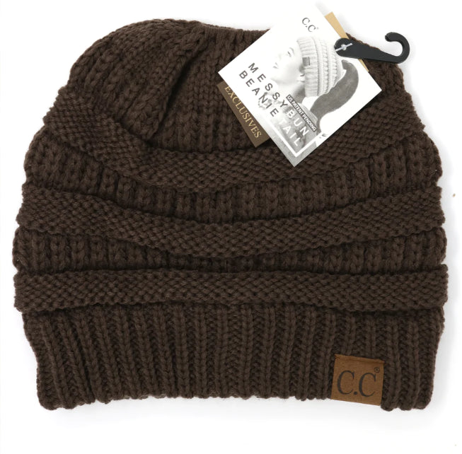 C.C BeanieTail Soft Stretch Cable Knit Messy High Bun Ponytail Beanie Hat Brown