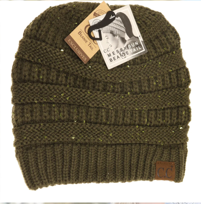 C.C BeanieTail Soft Stretch Cable Knit Messy High Bun Ponytail Beanie Hat New Olive