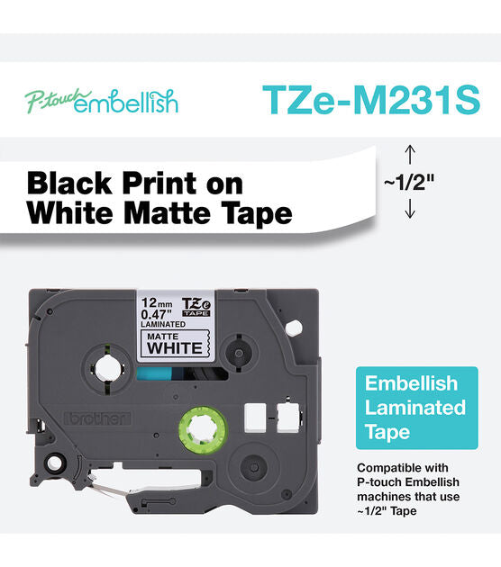 Brother P-touch Embellish Black Print on Matte White Tape