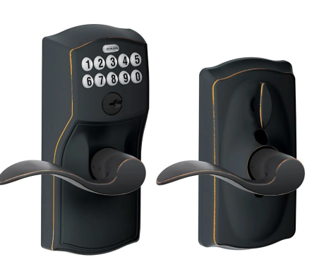 Schlage Camelot Keypad Entry with Flex-Lock Door Lever Set with Accent Interior Lever