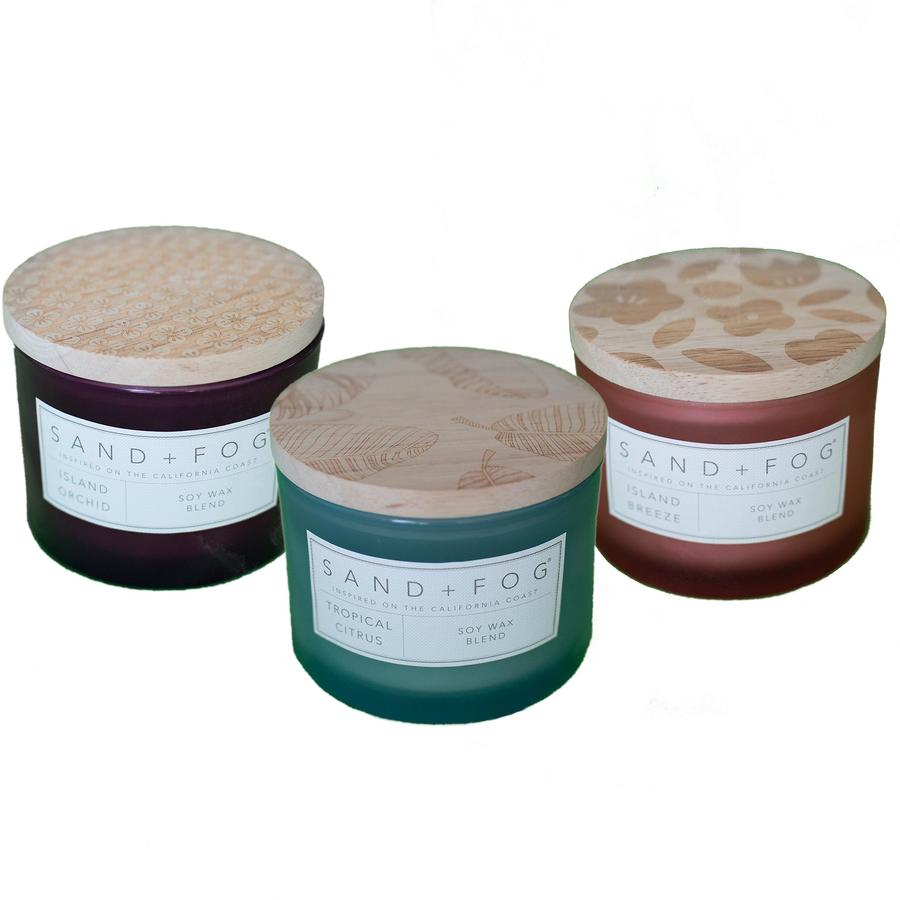 Sand + Fog set of 3 scented candles with carved wood lids