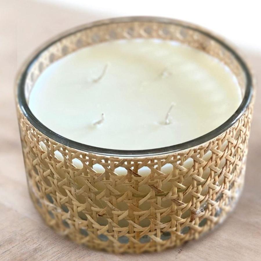 Sand + Fog Ocean Mist scented candle wrapped with cane