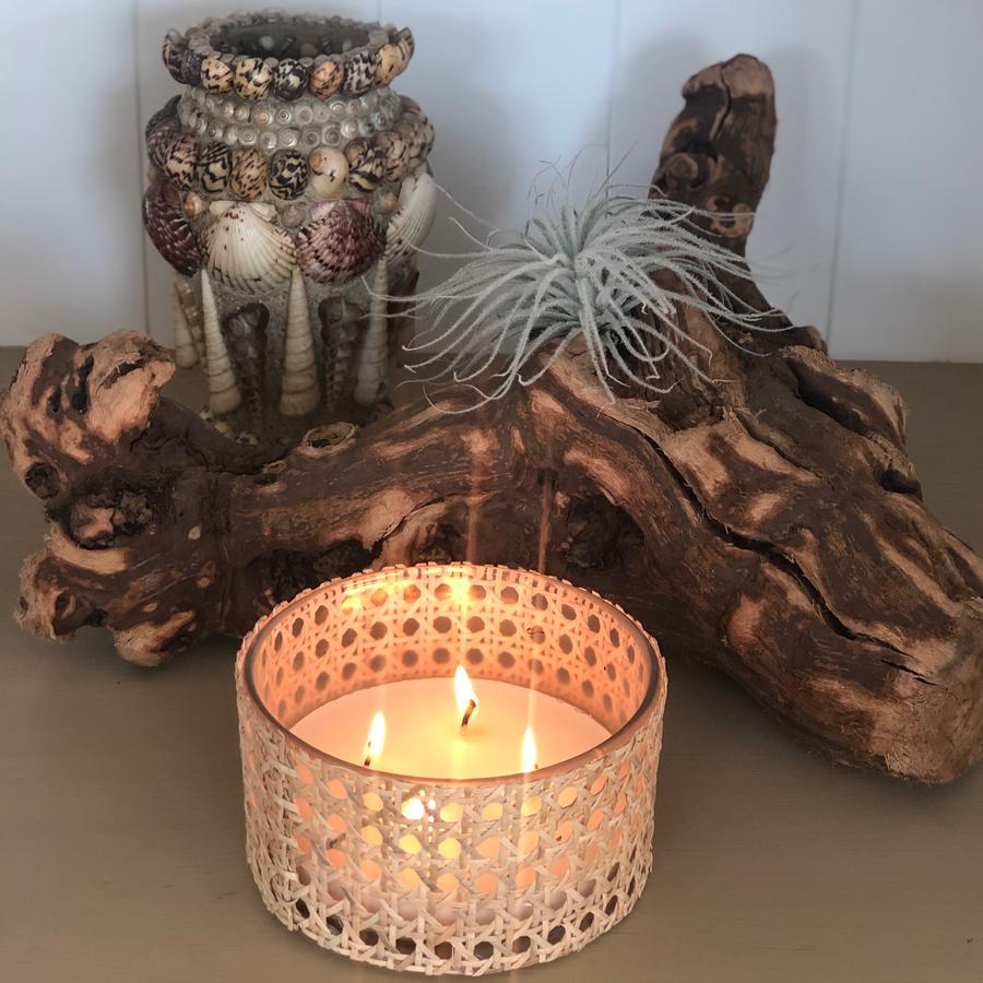 Sand + Fog Ocean Mist scented candle wrapped with cane