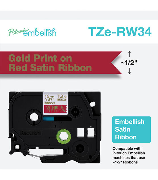 Brother P touch Embellish Satin Ribbon 0.47''x13.1' Gold on Red