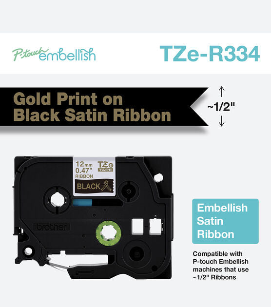 Brother P-touch Embellish Gold Print on Black Satin Ribbon