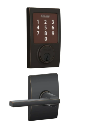 Schlage Sense Century Touchscreen Smart Deadbolt with Built-In Alarm and Passage Latitude Lever and Decorative Century Trim